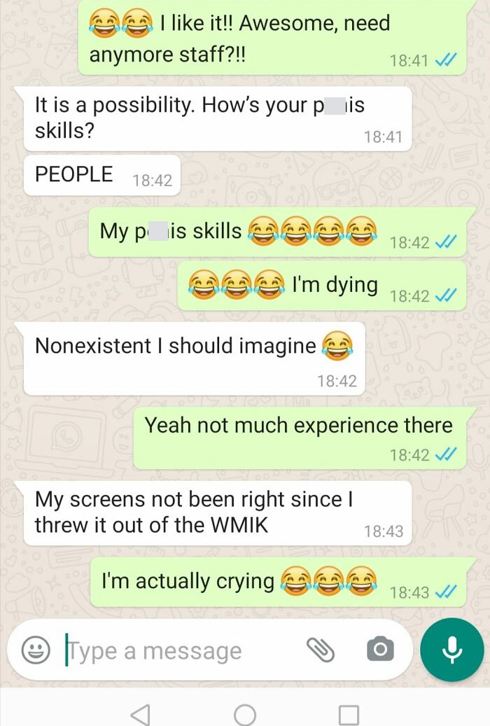 Chat conversation showing autocorrect errors causing humorous typing mistakes and a mix-up in text messages.