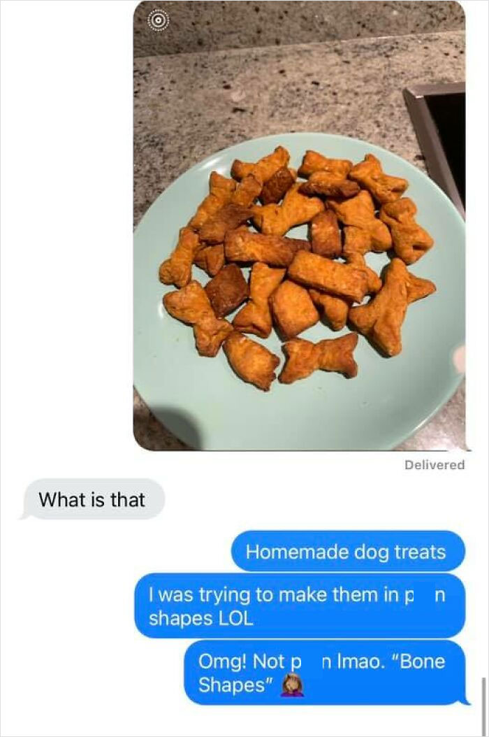 Homemade dog treats shaped like bones with a humorous autocorrect text conversation about bone shapes.