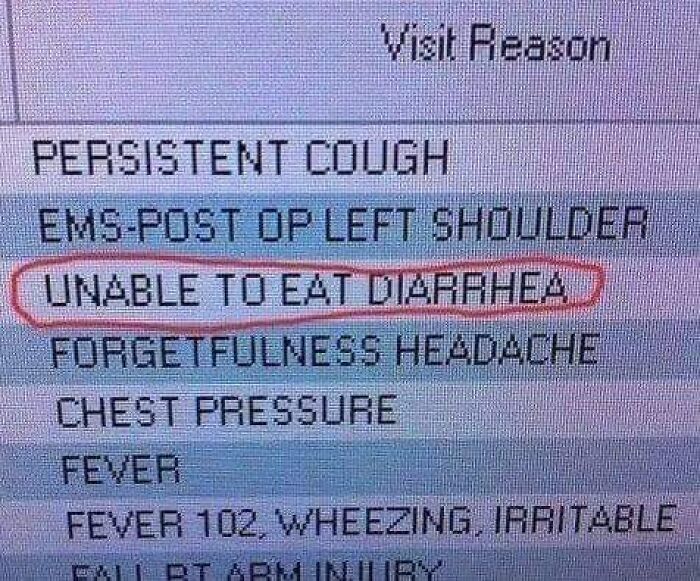 Medical text with autocorrect error showing impossible symptom unable to eat diarrhea highlighted in red circle