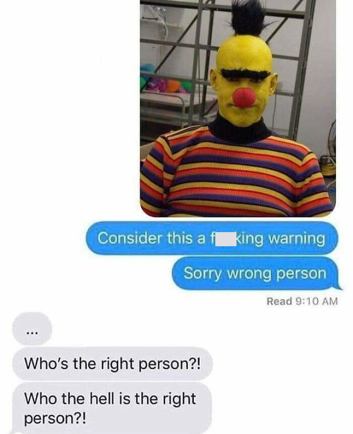 Text message screenshot with a person in a colorful striped shirt and a humorous autocorrect fail conversation.