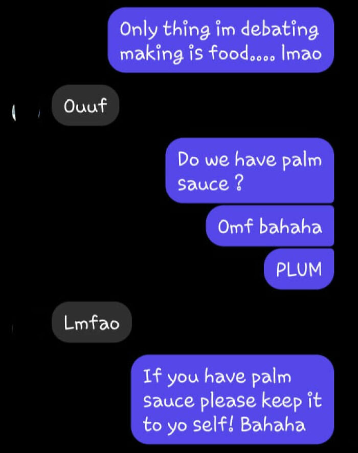 Text message conversation showing autocorrect errors with words like palm sauce and plum causing funny confusion.