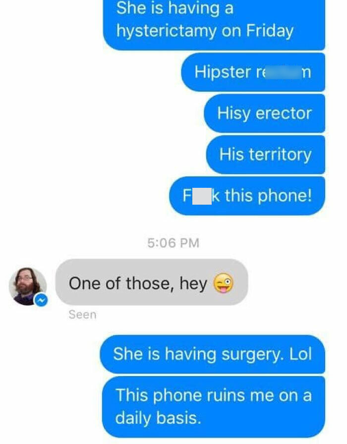 Text message conversation showing humorous autocorrect errors related to medical terms, illustrating autocorrect mistakes in daily texting.