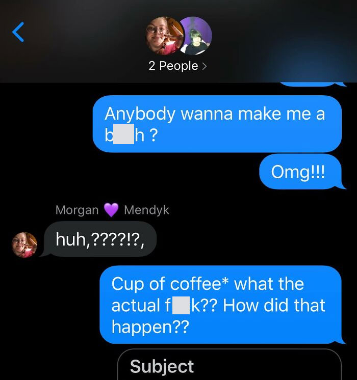 Text message screenshot showing autocorrect fail turning "cup of coffee" into a phrase with unintended profanity causing confusion.