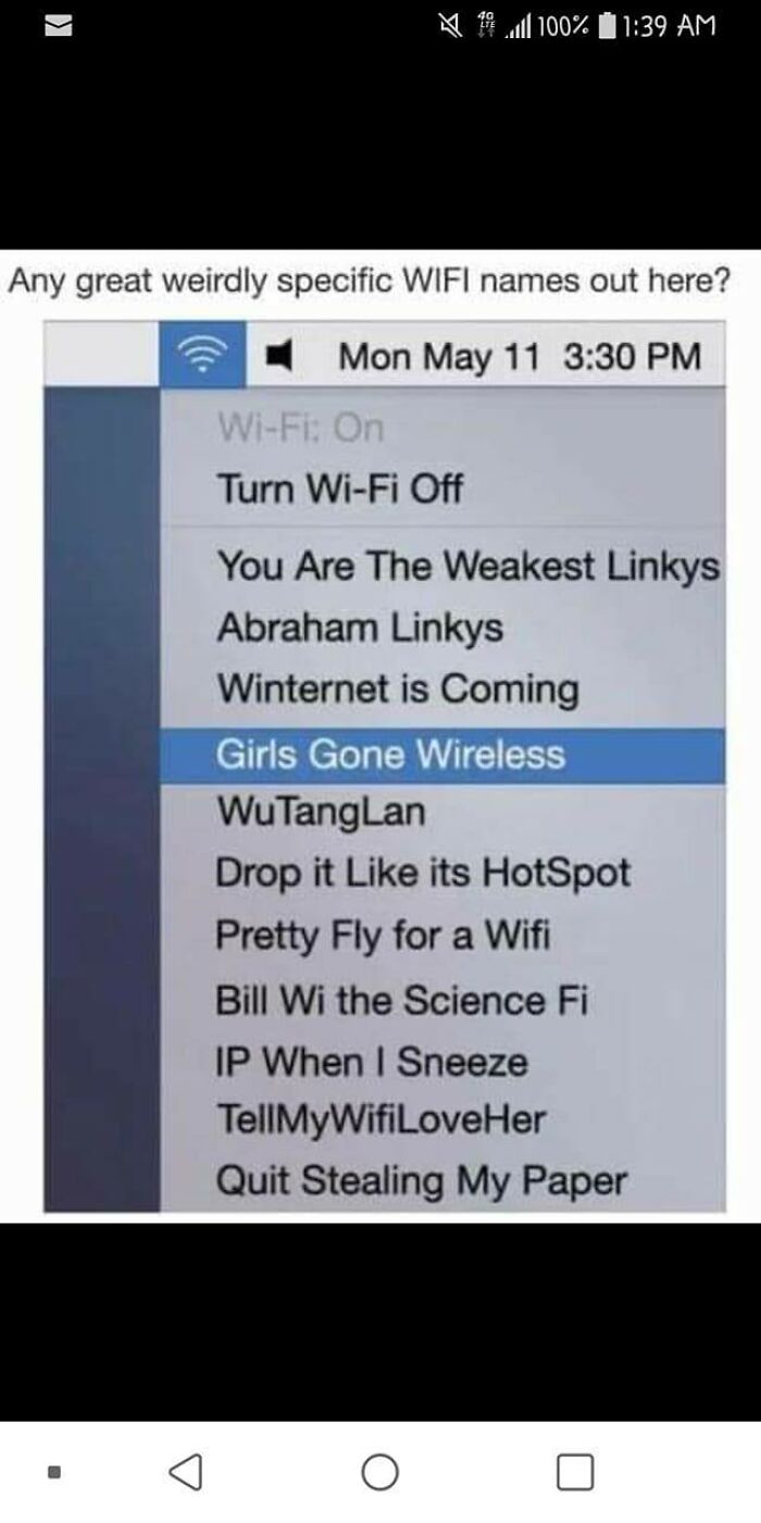 List of funny and weirdly specific WiFi names on a mobile screen showing autocorrect text errors and puns.