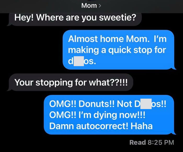 Text message conversation showing an autocorrect fail where donuts was mistaken for a dangerous word.