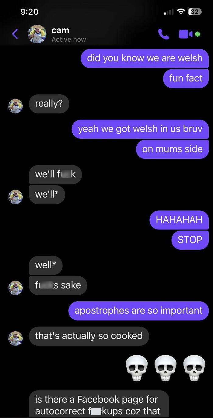 Text conversation showing autocorrect errors with humorous messages about Welsh heritage and importance of apostrophes.