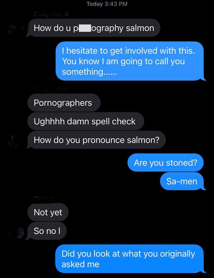 Text conversation showing autocorrect errors causing humorous misunderstanding about pronouncing the word salmon.