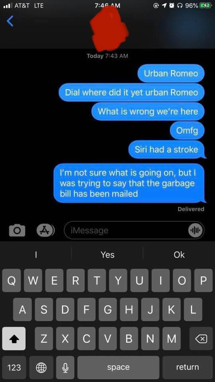 Text messages showing an autocorrect fail where normal text is transformed into a confusing message on a smartphone.