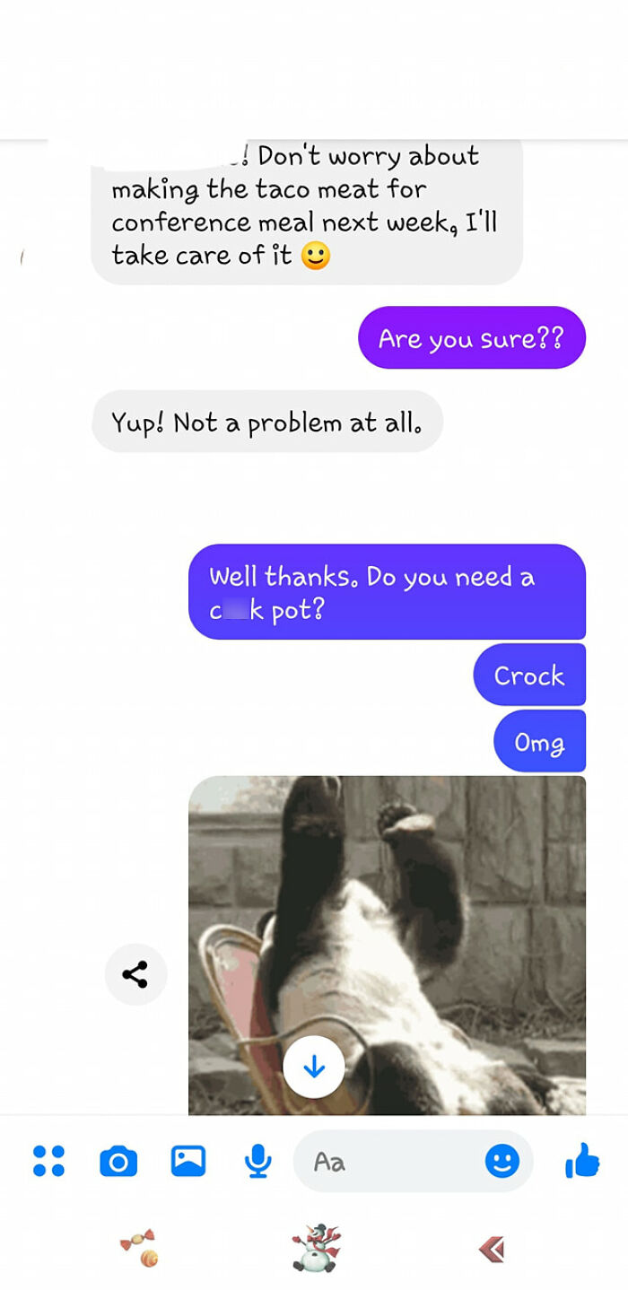 Text message conversation showing autocorrect error with missing letter in crock pot, illustrating autocorrect mess keyword concept.
