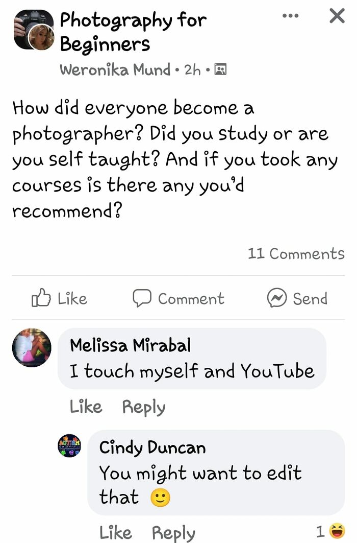 Social media post showing autocorrect mistake with a humorous text error related to photography beginners.