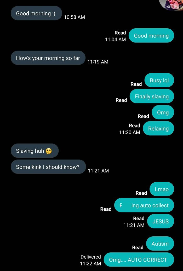 Text message screenshot showing autocorrect errors and a humorous conversation about autocorrect mishaps.
