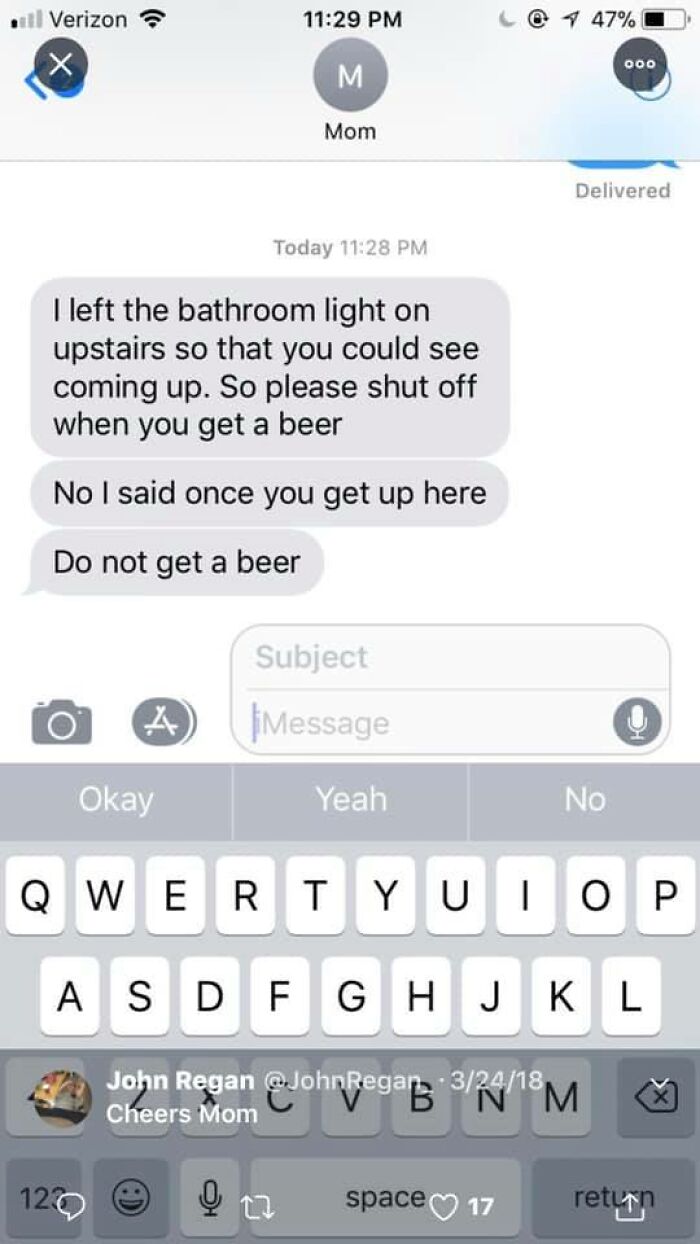 Text message showing autocorrect confusion between "once you get up here" and "when you get a beer" in a funny autocorrect fail.