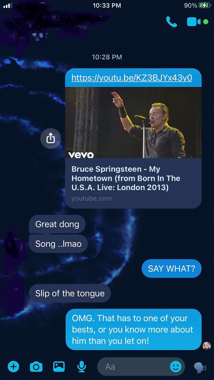 Text message thread showing an autocorrect fail with "Great dong" instead of "Great song" in a humorous conversation.