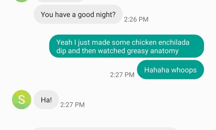 Text message exchange showing autocorrect errors with phrases about food and watching a show, illustrating autocorrect mistakes.