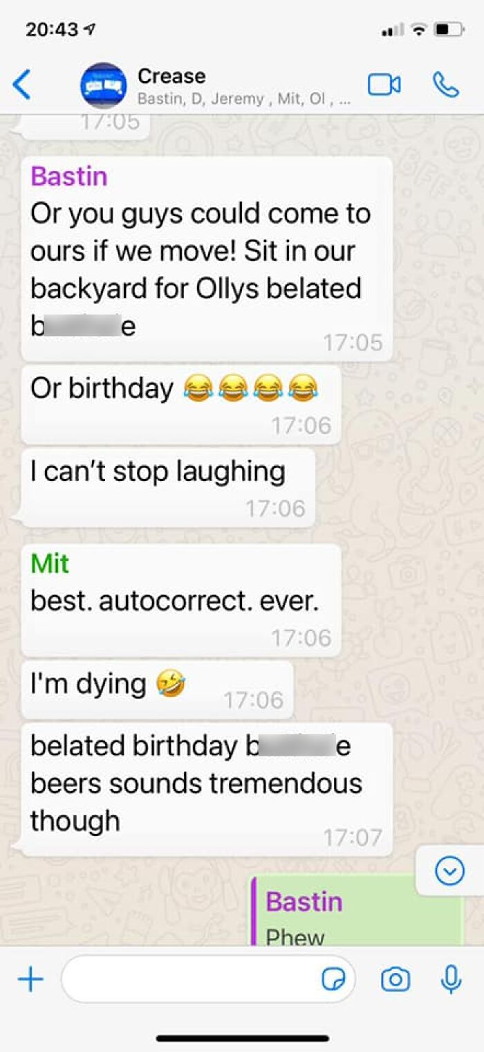 WhatsApp chat showing a funny autocorrect mistake in a group conversation with laughs and reactions.