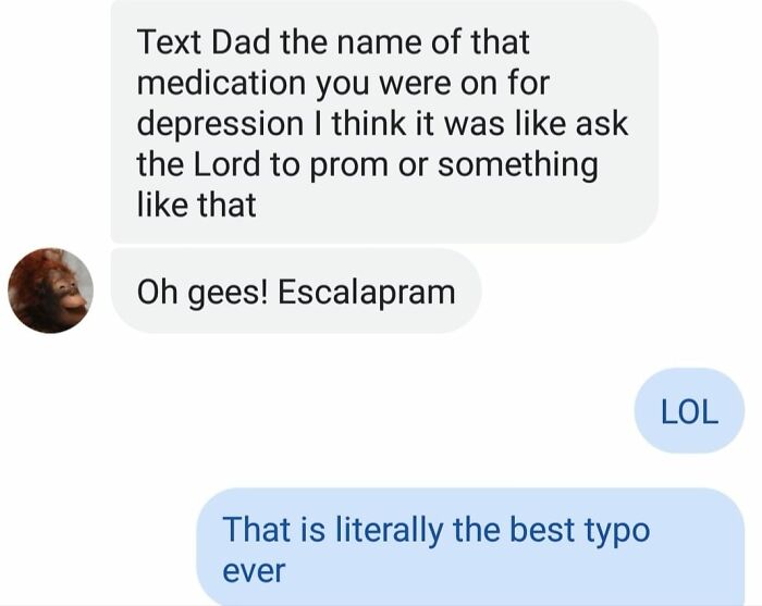 Text message conversation showing a humorous autocorrect typo involving medication name in a funny text exchange.