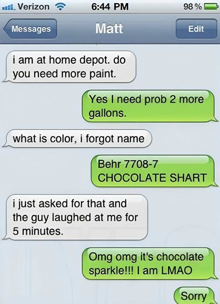 Text message conversation showing autocorrect errors causing confusion over paint color name chocolate sparkle.