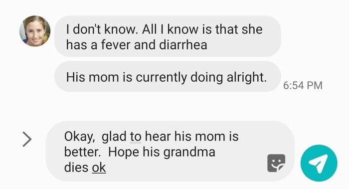 Conversation screenshot showing an autocorrect fail turning a well-wish into an unintended harsh message.