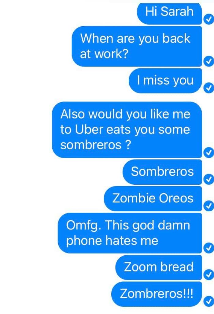 Text message showing autocorrect fails with phrases like sombreros, zombie Oreos, and zombres resulting in a funny autocorrect mess.