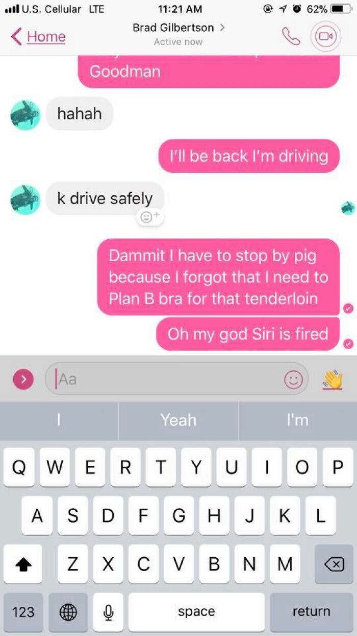 Text message conversation showing funny autocorrect errors and mishaps while texting about shopping and driving safety.