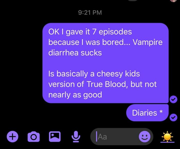 Text message showing autocorrect error turning "diaries" into "diarrhea" illustrating autocorrect mistakes in normal texts.