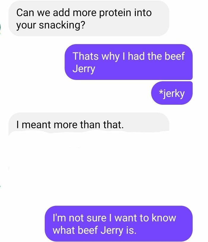 Text message conversation showing autocorrect error where "jerky" was mistakenly typed as "Jerry," illustrating autocorrect mistakes.