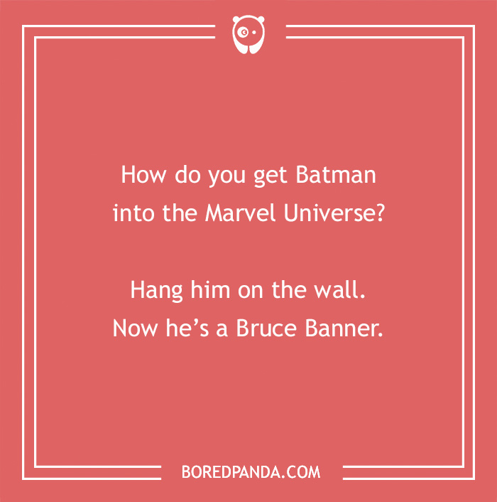 Batman joke with a play on words involving Bruce Banner, presented on a pink background.