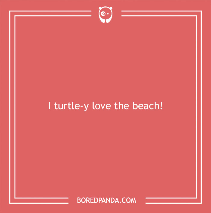 Beach pun on red background saying I turtle-y love the beach, featuring a playful word pun about the beach and turtles.