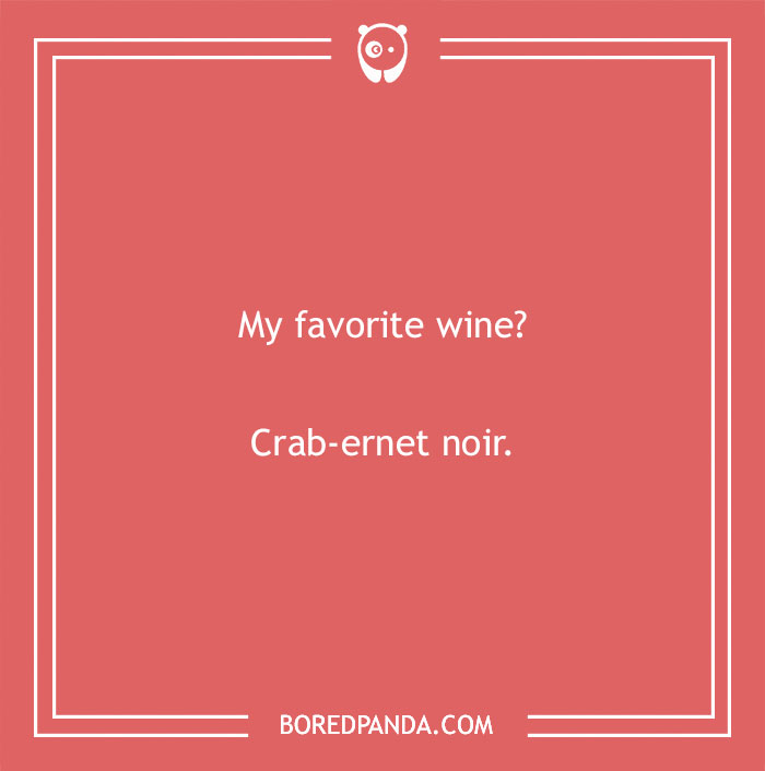 Beach pun on a red background reading My favorite wine? Crab-ernet noir, highlighting beach puns for humor and fun.