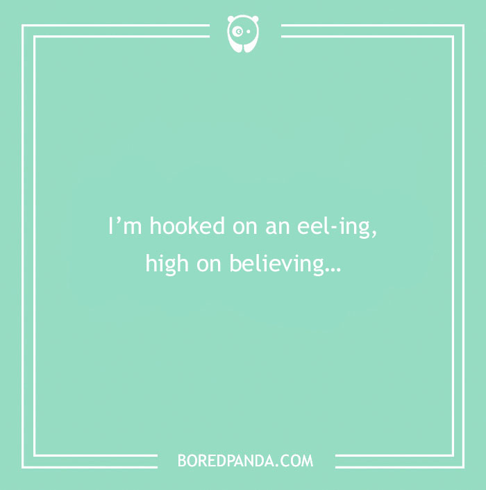 Beach puns on a teal background with white text saying I’m hooked on an eel-ing, high on believing.
