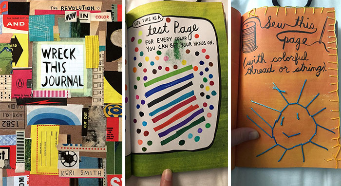 Wreck This Journal pages showing creative colorful activities for shopping for a 12-year-old gift ideas.