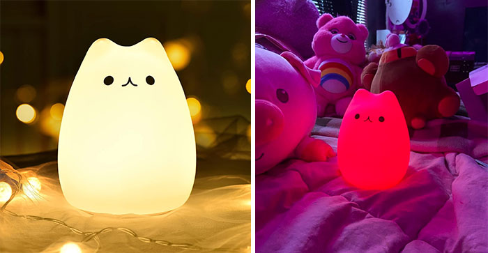Soft glowing cat night light in warm and red hues, a perfect gift idea when shopping for a 12-year-old.
