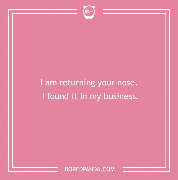 Witty insult on a pink background: "I am returning your nose. I found it in my business."