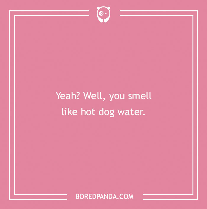 Pink background with text saying, "Yeah? Well, you smell like hot dog water," showcasing a humorous insult.