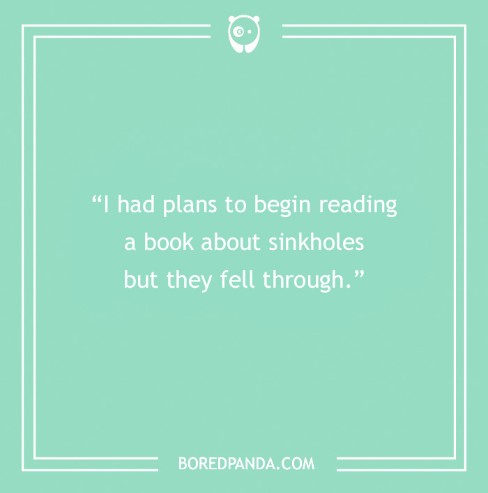 Book pun: "I had plans to begin reading a book about sinkholes but they fell through" on a green background.