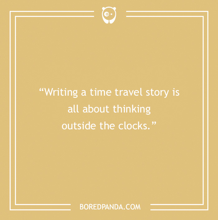 Time travel book pun: "Writing a time travel story is all about thinking outside the clocks" on a tan background.