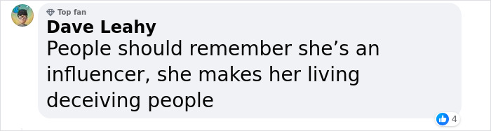 Comment from user about influencer&rsquo;s actions, questioning her authenticity.