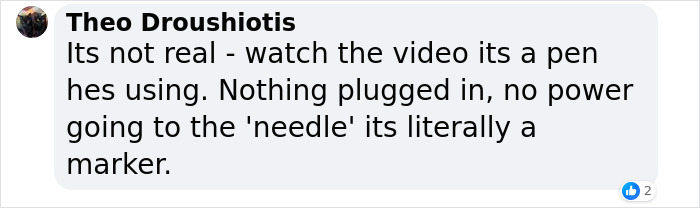 Comment questioning the authenticity of the influencer's fake forehead ink.