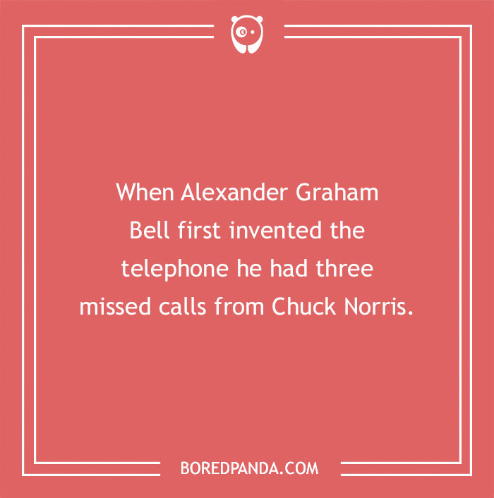"Humorous Chuck Norris joke about Alexander Graham Bell's missed calls on a red background."