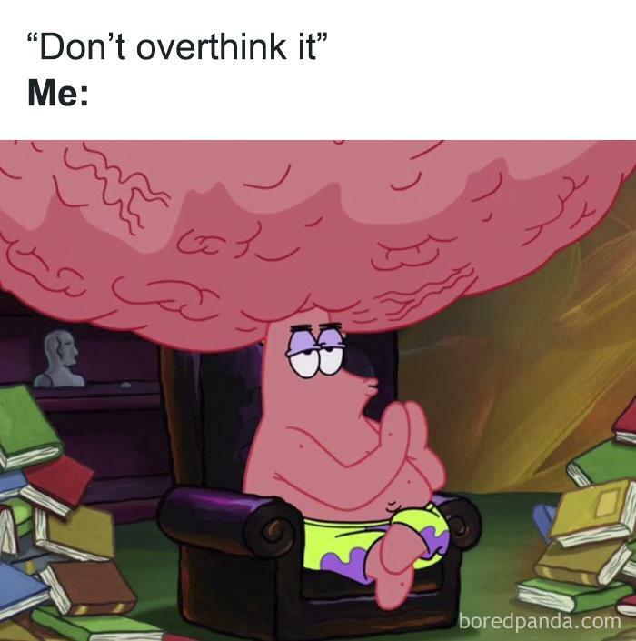 Patrick Star with a giant brain, surrounded by books, illustrating a relatable meme about overthinking.