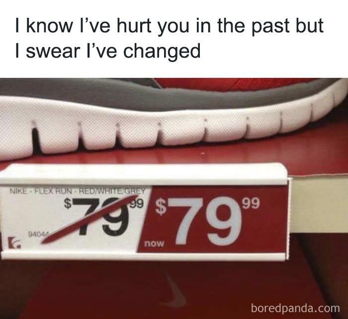 Shoe price meme with unchanged $79.99 tag, humorously highlighting relatable situations.