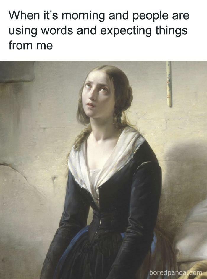 Relatable meme of a woman rolling her eyes at morning expectations, showcasing a mix of lighthearted humor.