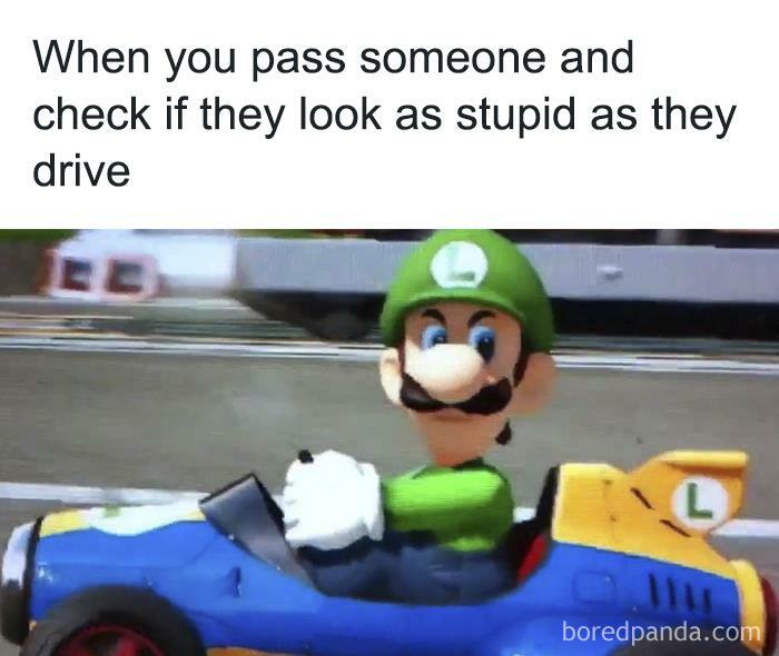 Cartoon character driving a race kart, illustrating a relatable meme about drivers' expressions.