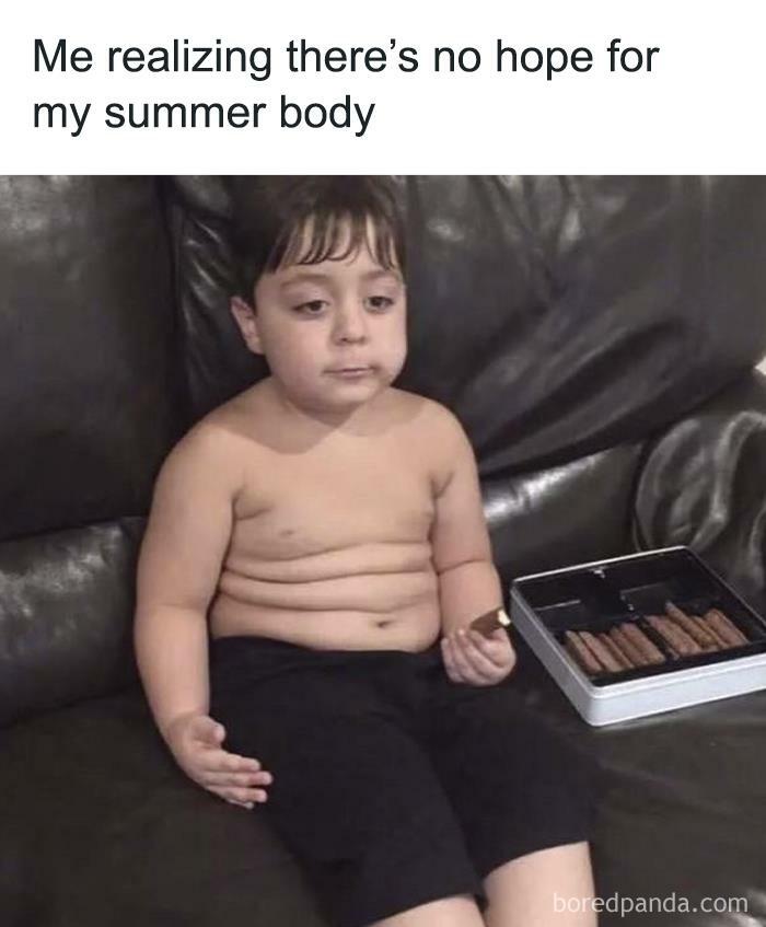Child on a couch, looking disappointed, holds a snack next to a box of cookies. Relatable meme about summer body struggles.