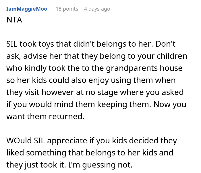 SIL Freaks After Parents Take Back Toys Meant For Everyone That She Poached SIL Freaks After Parents Take Back Toys Meant For Everyone That She Poached