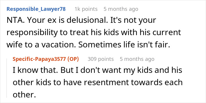 Reddit conversation discussing a woman called greedy witch for refusing to take 3 kids on a trip to Italy.