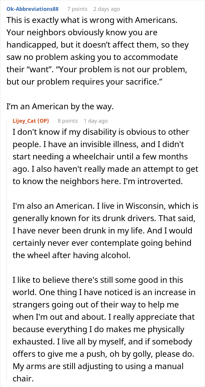 “I Sat There Completely Dumbfounded”: Handicapped Person Astounded By Their Neighbor’s Request “I Sat There Completely Dumbfounded”: Handicapped Person Astounded By Their Neighbor’s Request