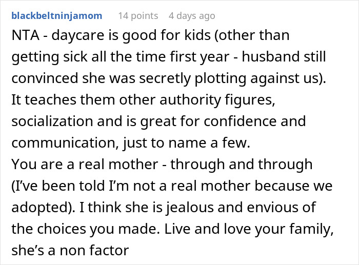 Reddit comment supporting daycare benefits and defending a real mother amid SAHM conflict and long-term friendship fallout. Reddit comment supporting daycare benefits and defending a real mother amid SAHM conflict and long-term friendship fallout.