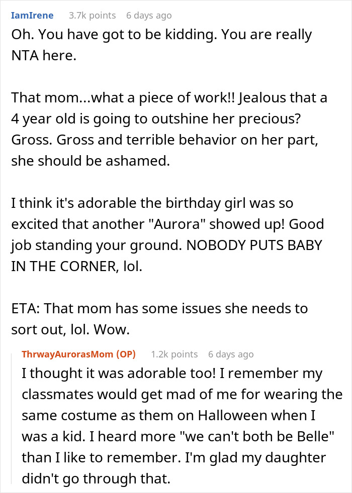 Screenshot of a Reddit discussion about a woman refusing to change her daughter&rsquo;s dress at a birthday party conflict.