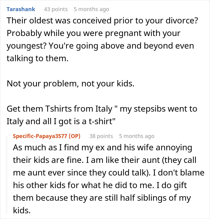 Screenshot of a forum discussion where a woman is called greedy witch for refusing to take her ex&rsquo;s mistress&rsquo;s kids on a trip.